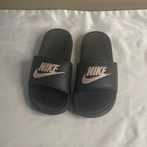 Nike Black Slides with Metallic Logo